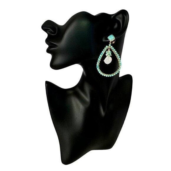 NEW Statement Chandelier Earrings Beaded Natural Amazonite Fresh Water Pearl 18K - Picture 3 of 12